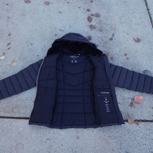 Calvin Klein Black Puffer Coat Women's L Faux Fur Hood Water Resistant - Picture 10 of 12